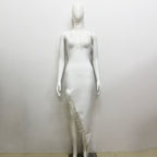 Feather Trim Asymmetrical White Dress H6038