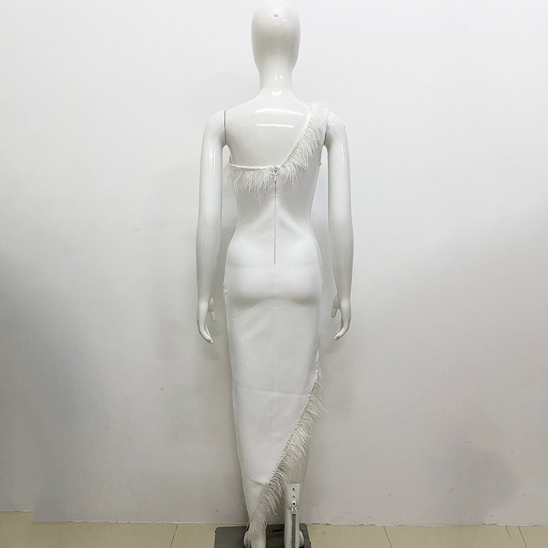 Feather Trim Asymmetrical White Dress H6038