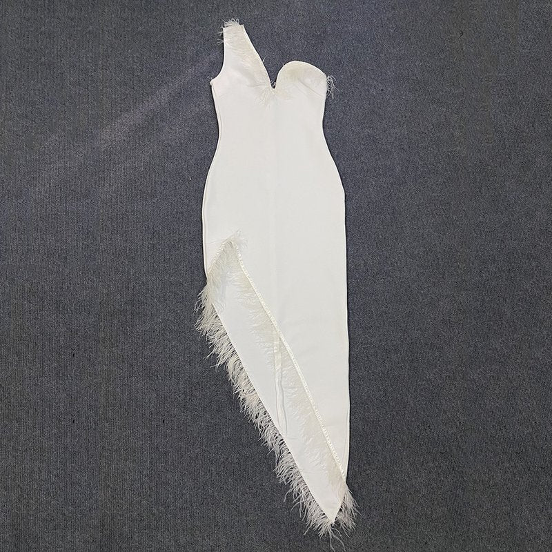 Feather Trim Asymmetrical White Dress H6038