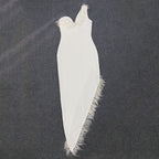 Feather Trim Asymmetrical White Dress H6038