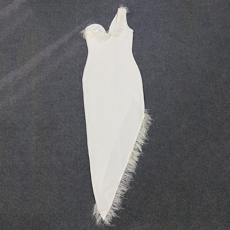 Feather Trim Asymmetrical White Dress H6038