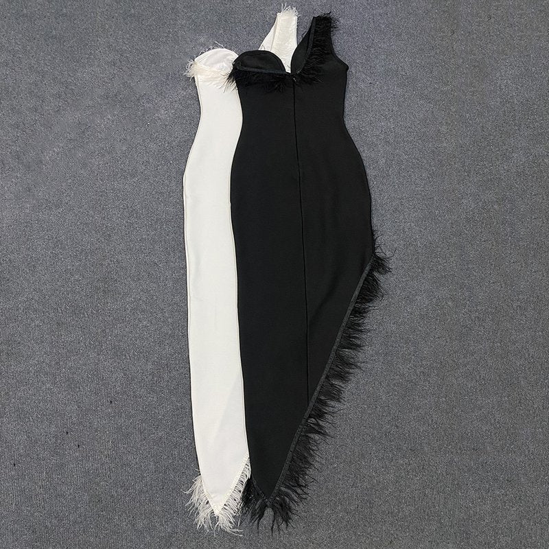 Feather Trim Asymmetrical White Dress H6038