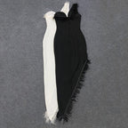 Feather Trim Asymmetrical White Dress H6038