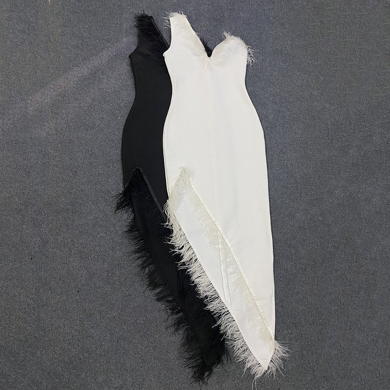 Feather Trim Asymmetrical White Dress H6038