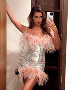 Feather Trim Sequin Mini Dress H5014
