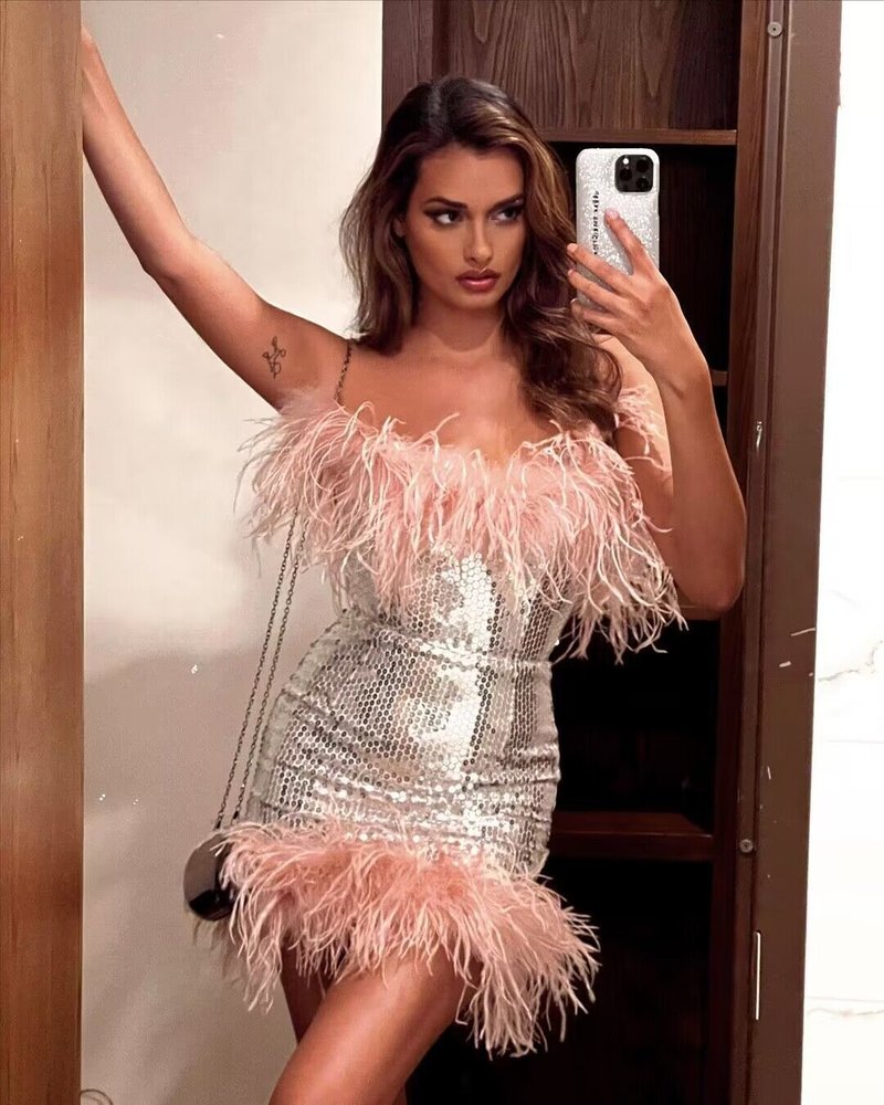 Feather Trim Sequin Mini Dress H5014