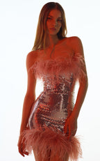 Feather Trim Sequin Mini Dress H5014
