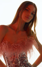 Feather Trim Sequin Mini Dress H5014