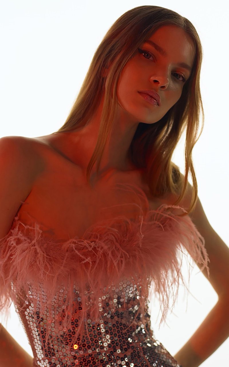 Feather Trim Sequin Mini Dress H5014