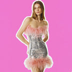 Feather Trim Sequin Mini Dress H5014