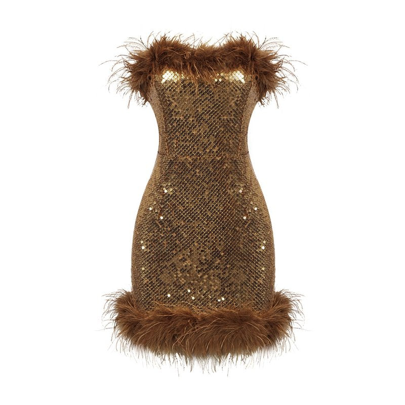 Feather Trim Sequin Mini Dress H5014