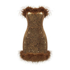 Feather Trim Sequin Mini Dress H5014