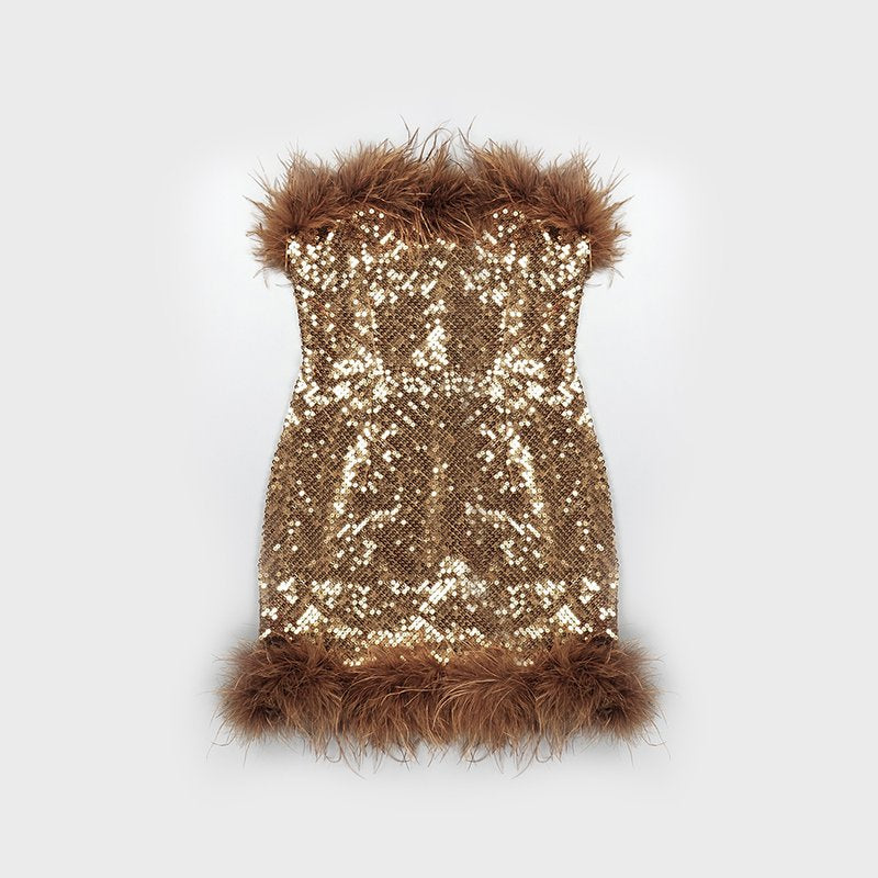 Feather Trim Sequin Mini Dress H5014