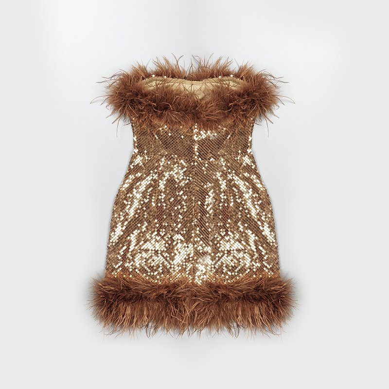 Feather Trim Sequin Mini Dress H5014