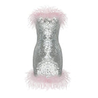 Feather Trim Sequin Mini Dress H5014