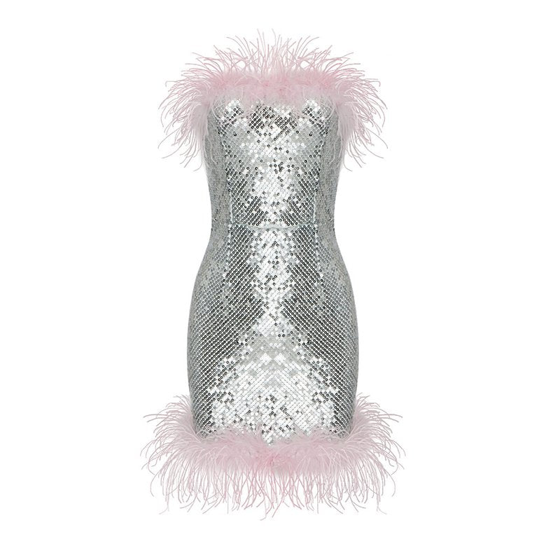 Feather Trim Sequin Mini Dress H5014