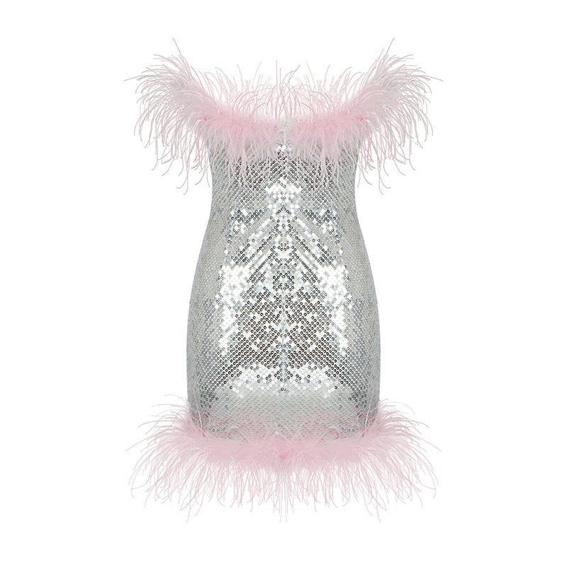 Feather Trim Sequin Mini Dress H5014