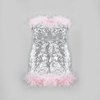 Feather Trim Sequin Mini Dress H5014