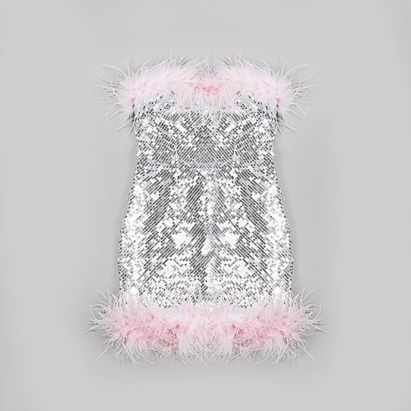 Feather Trim Sequin Mini Dress H5014