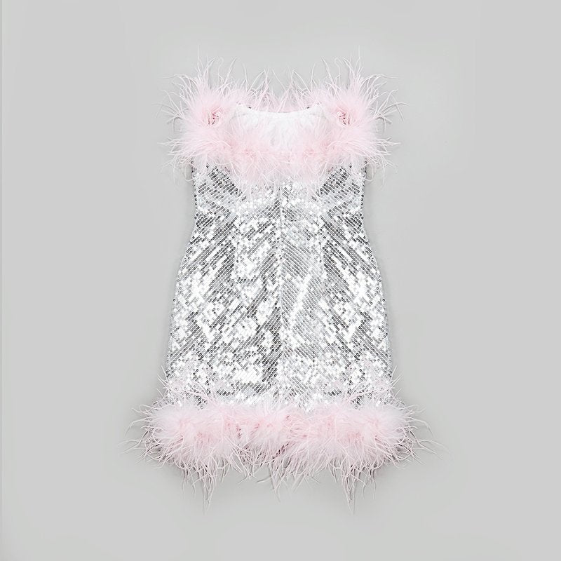 Feather Trim Sequin Mini Dress H5014