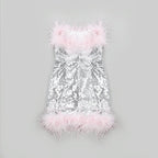Feather Trim Sequin Mini Dress H5014