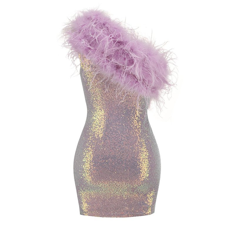 Feather Trim Sequin Mini Dress H5996