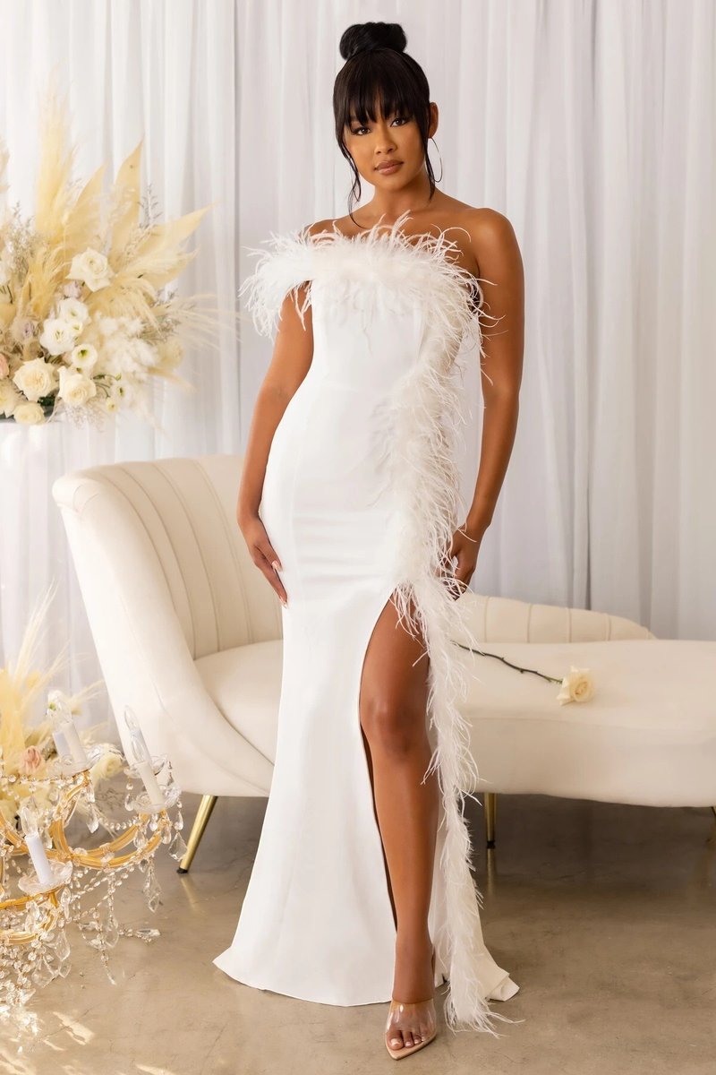 Feather Trim Strapless Gown H6164