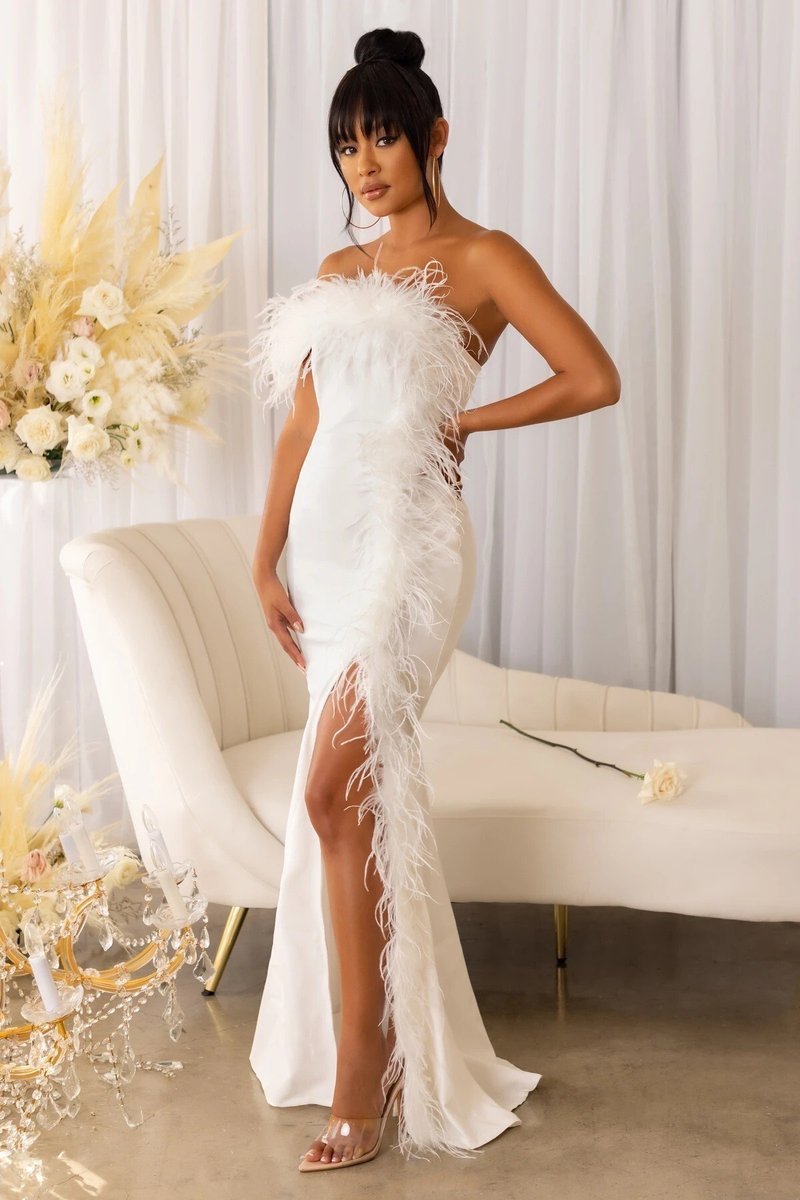 Feather Trim Strapless Gown H6164