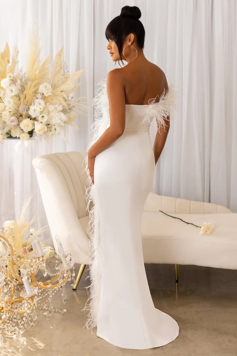 Feather Trim Strapless Gown H6164