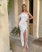 Feather Trim Strapless Gown H6164