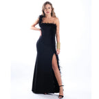 Feather Trim Strapless Gown H6164
