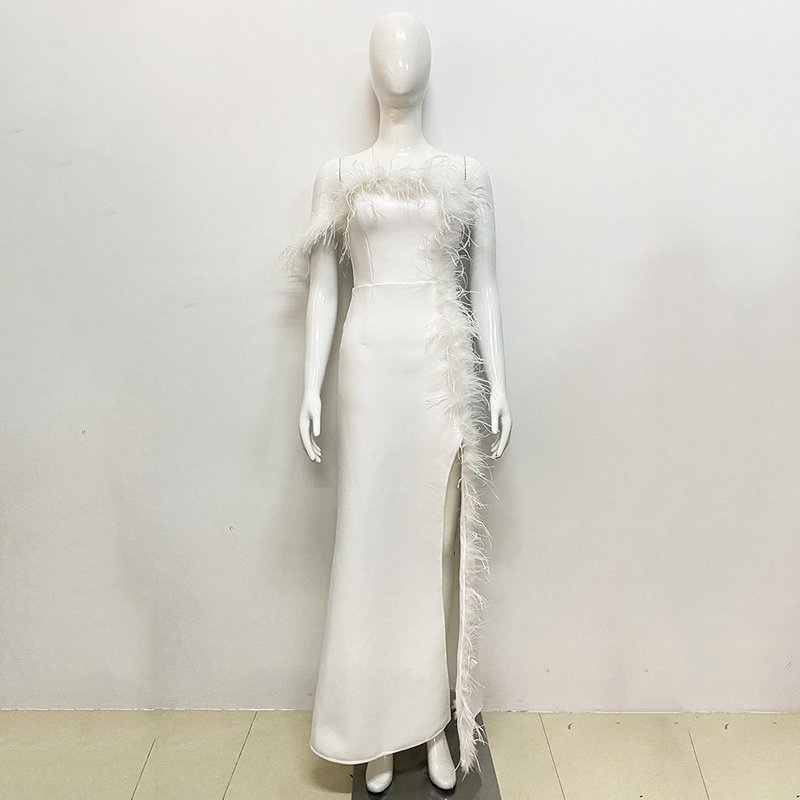 Feather Trim Strapless Gown H6164