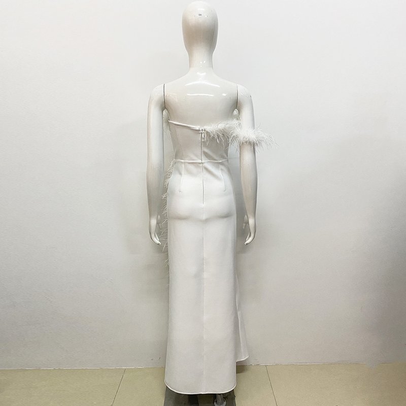 Feather Trim Strapless Gown H6164