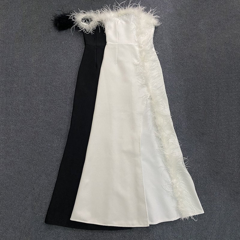 Feather Trim Strapless Gown H6164