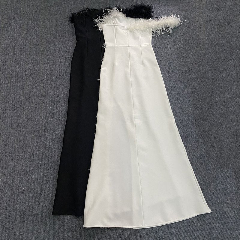 Feather Trim Strapless Gown H6164
