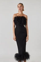 Feather Trim Strapless Midi Dress H5431