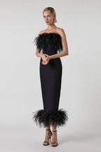Feather Trim Strapless Midi Dress H5431