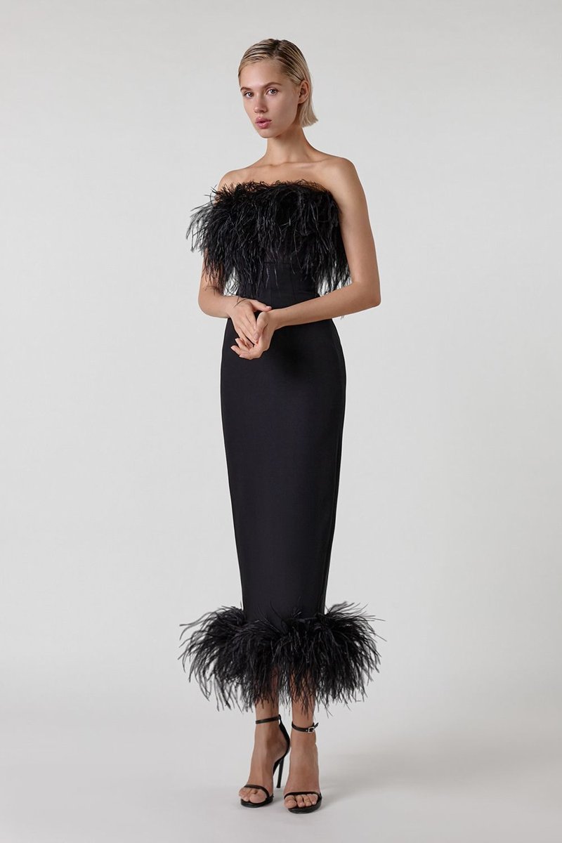 Feather Trim Strapless Midi Dress H5431