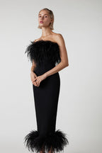 Feather Trim Strapless Midi Dress H5431