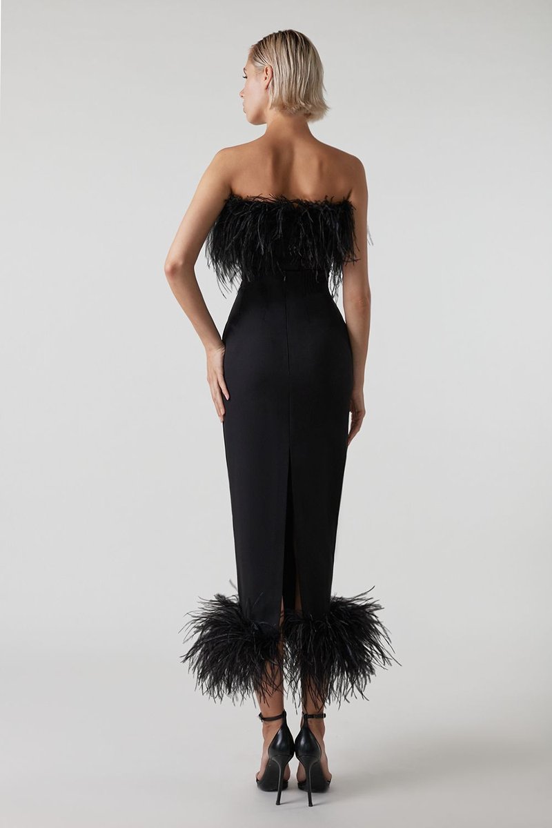 Feather Trim Strapless Midi Dress H5431