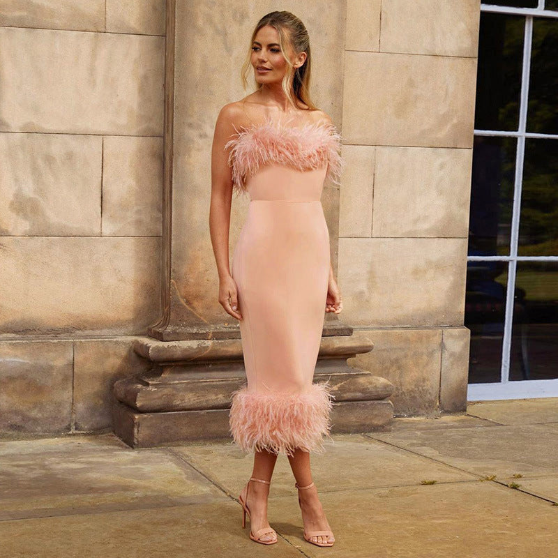 Feather Trim Strapless Midi Dress H5431