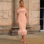 Feather Trim Strapless Midi Dress H5431
