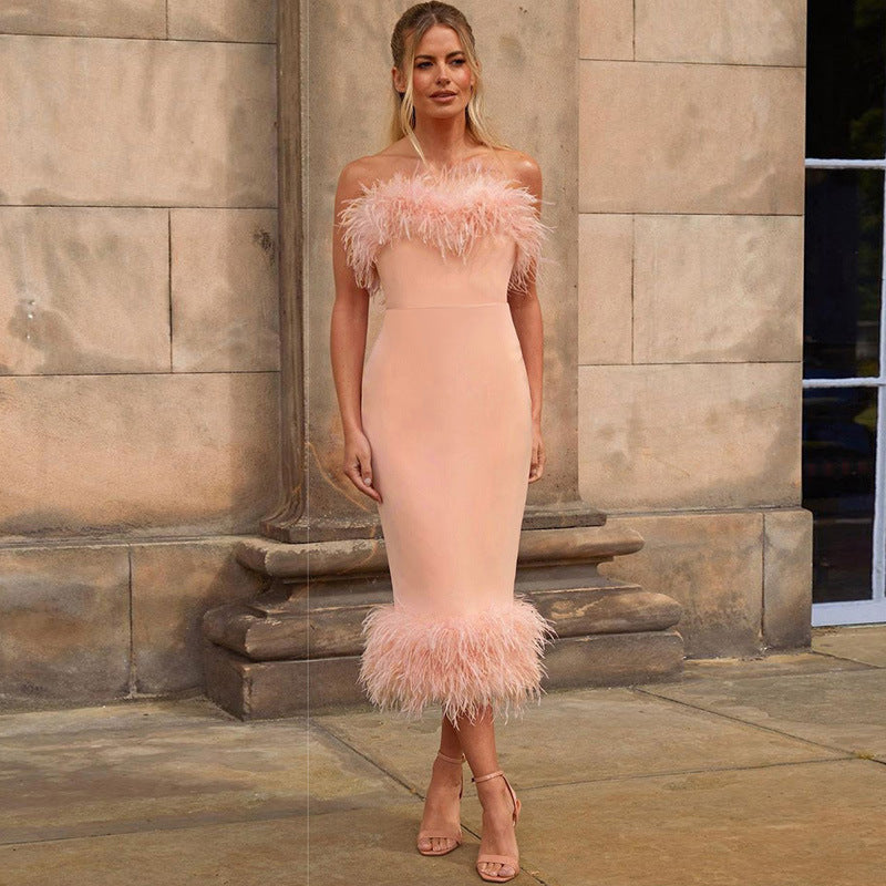 Feather Trim Strapless Midi Dress H5431