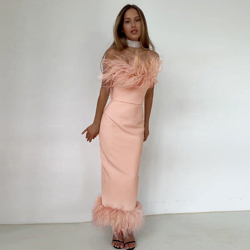 Feather Trim Strapless Midi Dress H5431