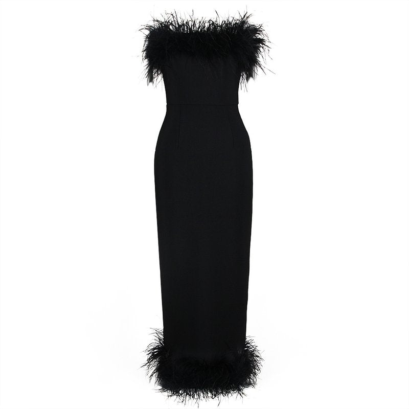 Feather Trim Strapless Midi Dress H5431