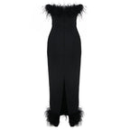 Feather Trim Strapless Midi Dress H5431
