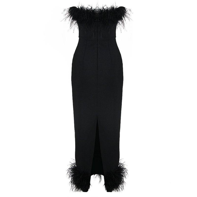 Feather Trim Strapless Midi Dress H5431