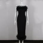 Feather Trim Strapless Midi Dress H5431