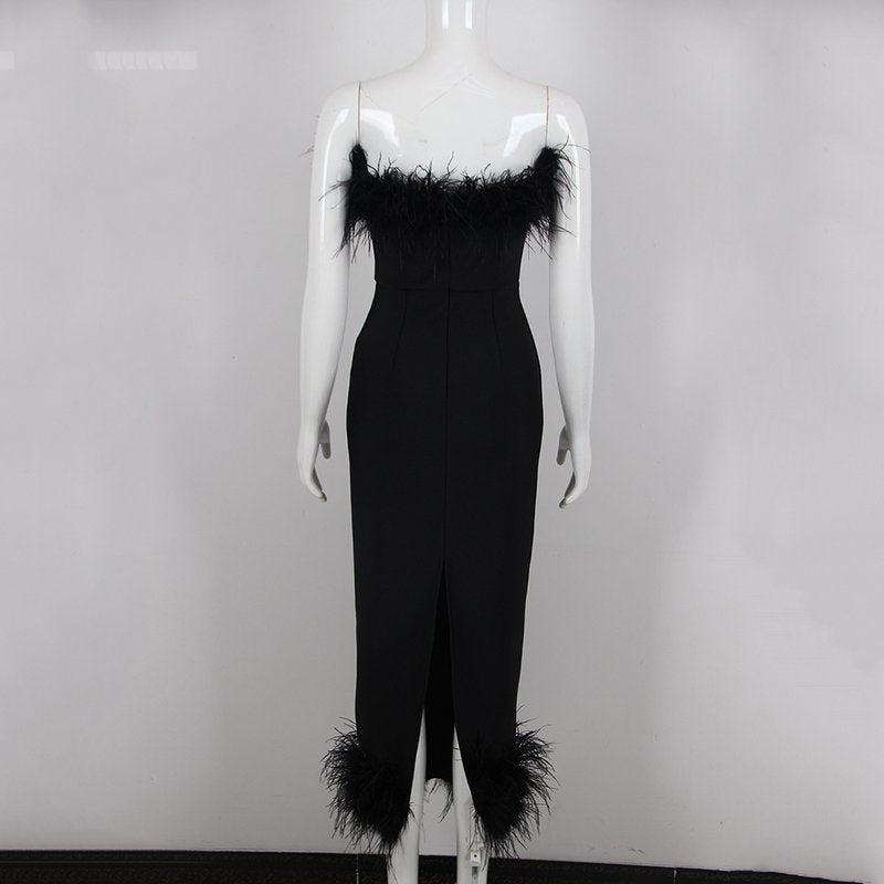 Feather Trim Strapless Midi Dress H5431
