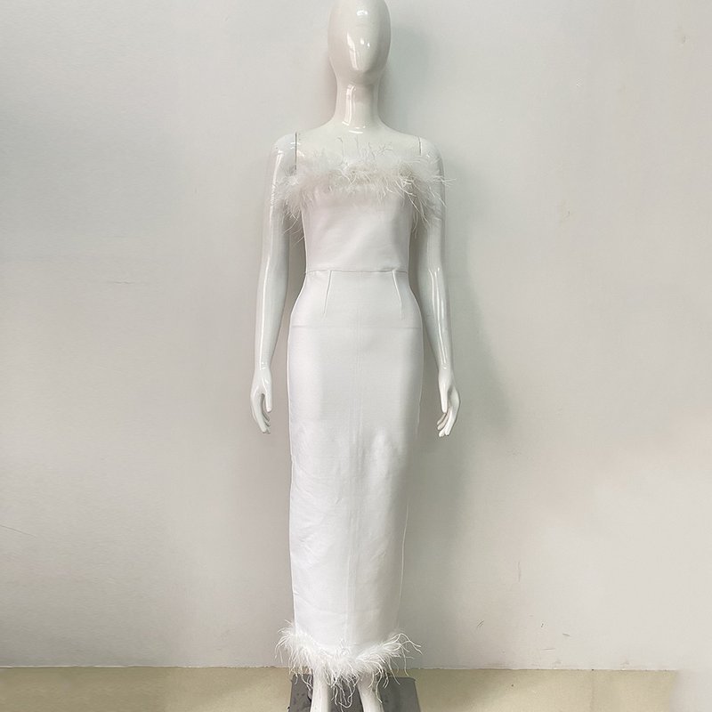 Feather Trim Strapless Midi Dress H5431